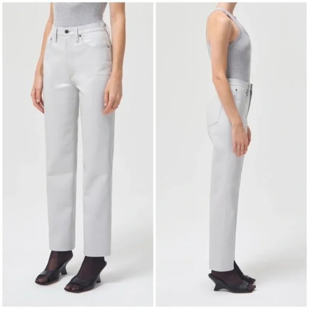 AGOLDE 90s Pinch Waist Pants Womens 25 Light Gray Leather High Rise Straight Leg